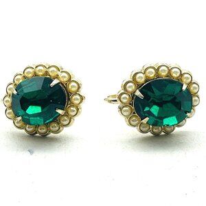 Green Rhinestone Pearl Halo Screw Back Earrings